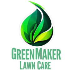 Green Tear Drop with blades of grass as outline and the words GreenMaker Lawn Care underneath